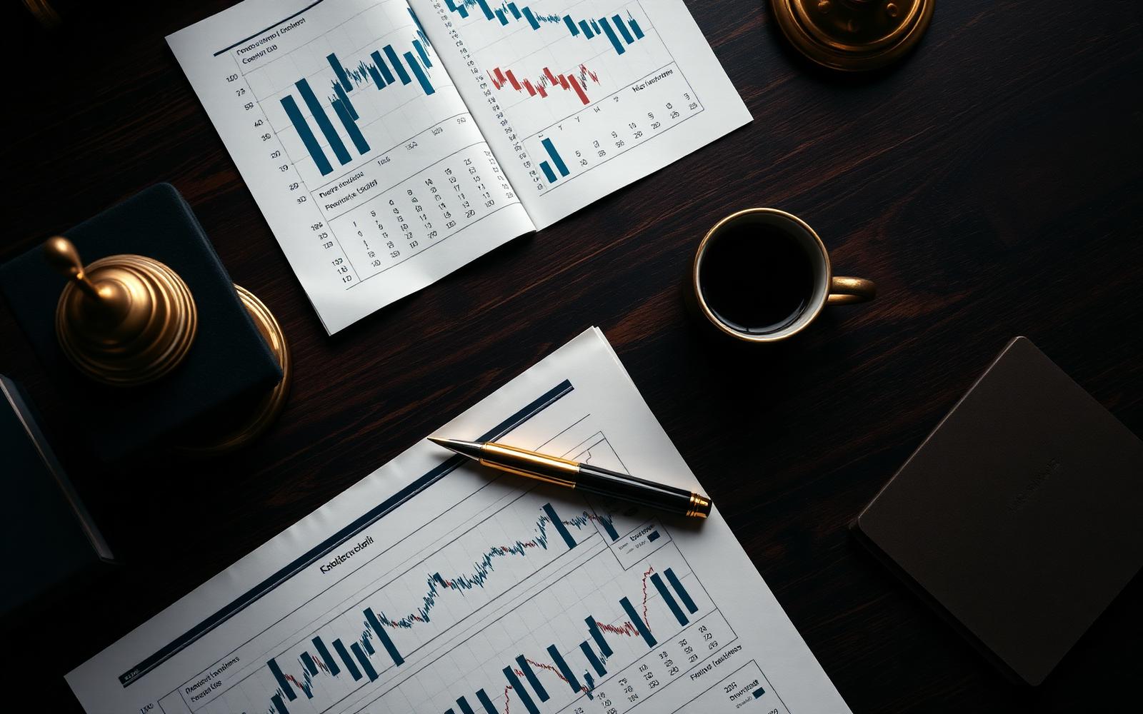 Finančné grafy na tmavom pracovnom stole